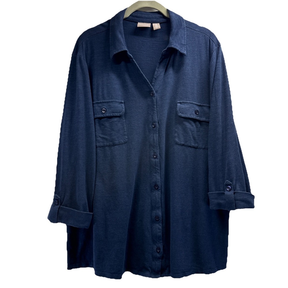 Chicos Women's Top Size XL Solid Navy Blue 3/4 Sleeve‎ Button Up Cotton Blend